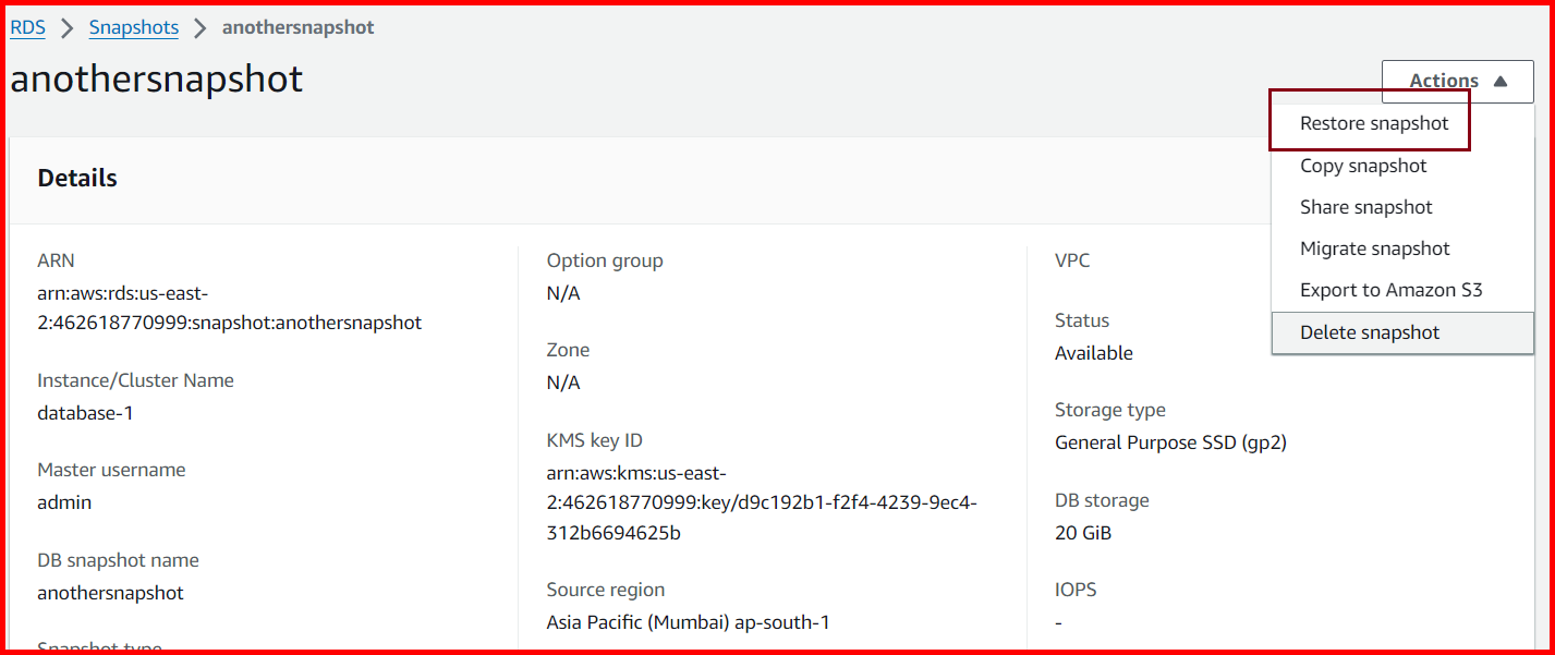Picture showing the Restore snapshot option for restoring the snapshot
